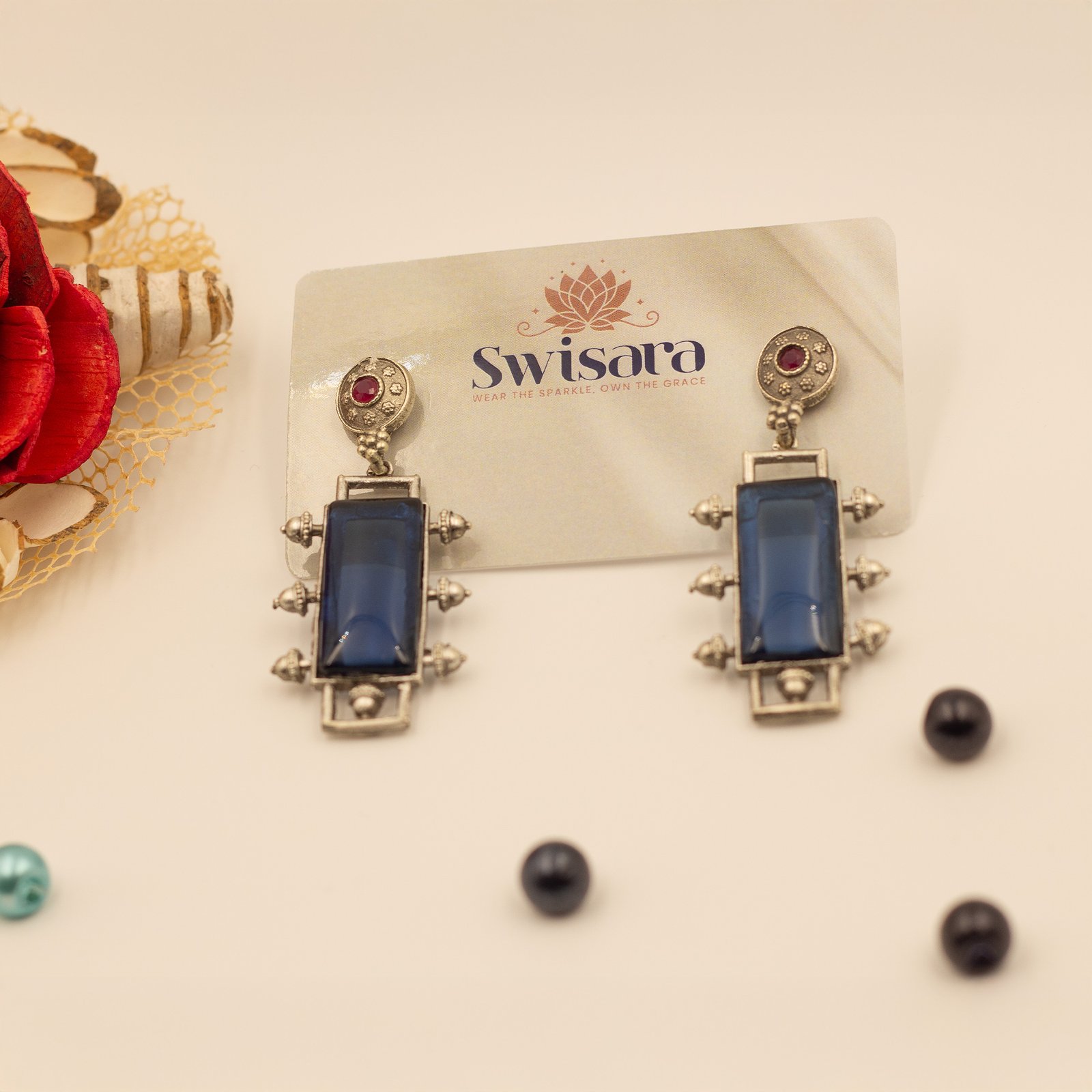 Royal Edge Blue Statement Earrings - Image 2