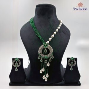 Zohra Emerald Cascade Necklace Set with Pearl Drop Accents