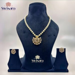 Sitara Pearl Bloom Necklace Set with pearls, floral kundan pendant, and stud earrings – Swisara