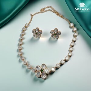 Floral Kundan Set with gold-tone necklace, white stones, and green center accent – Swisara