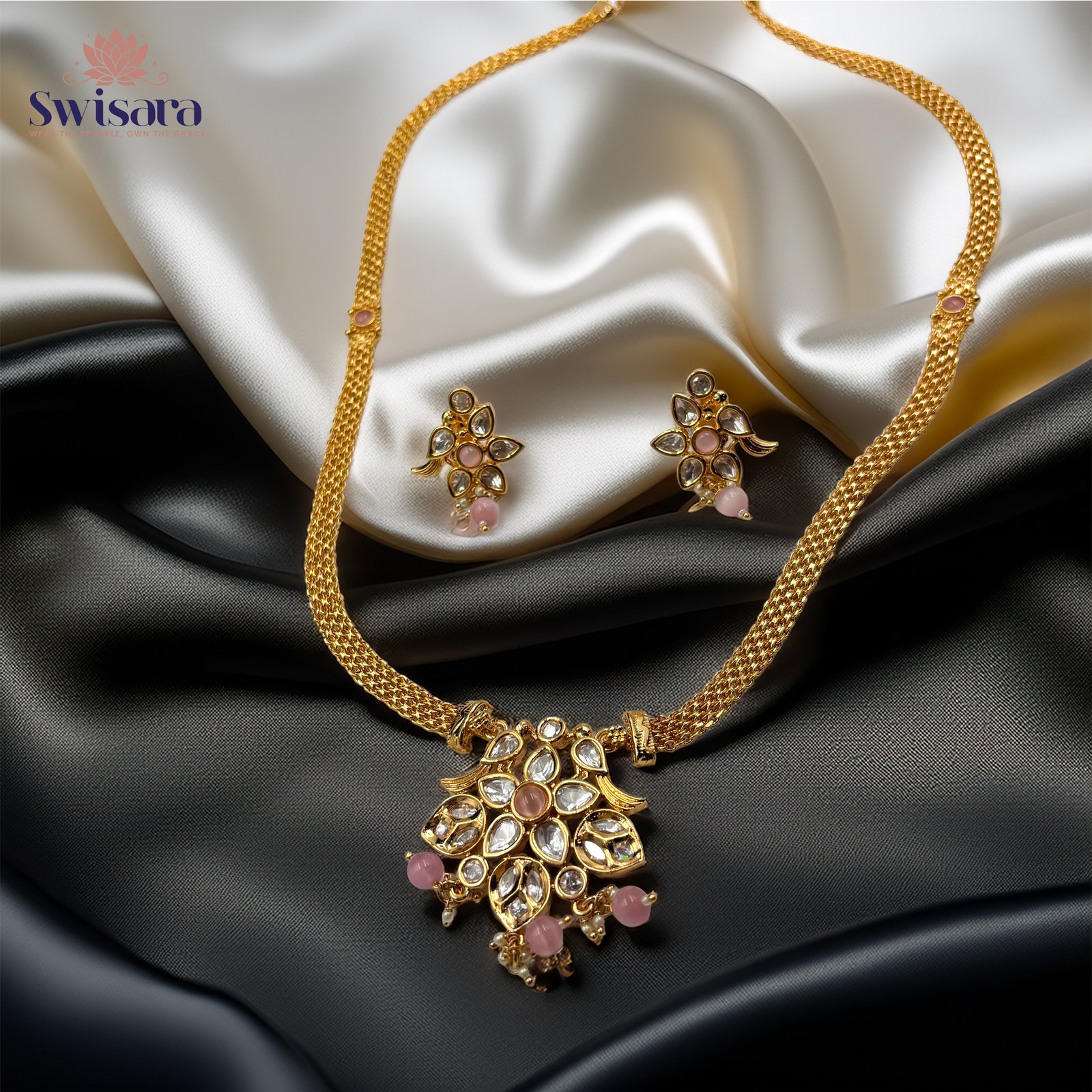 Pink Bloom Set gold-tone necklace with pink beads and Kundan stones – Swisara