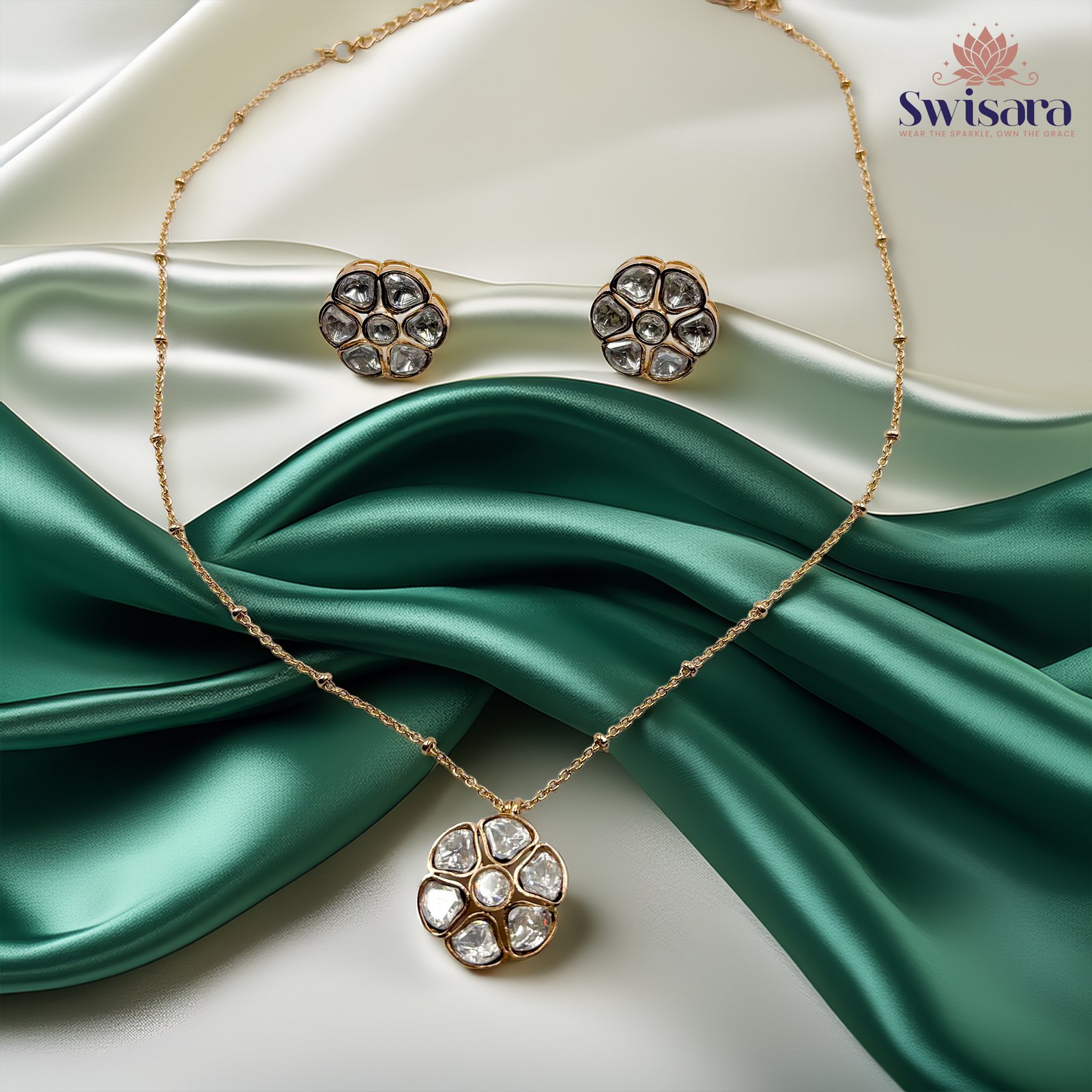 Floral Kundan Pendant Set with kundan stones and golden accents – Swisara