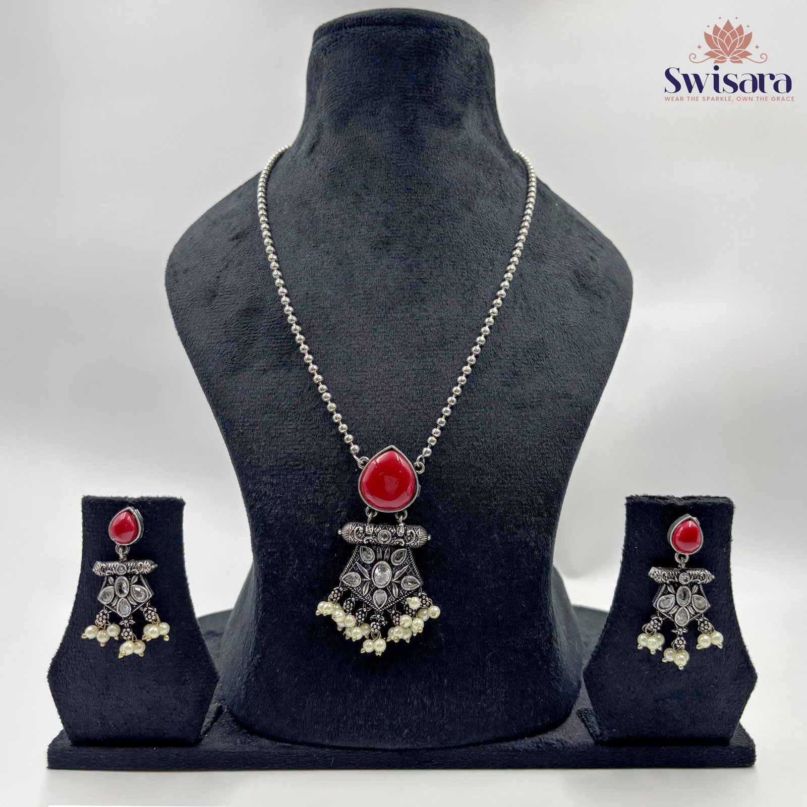 Scarlet Antique Bloom Necklace Set in oxidized silver with red teardrop stone and pearl danglers – Swisara