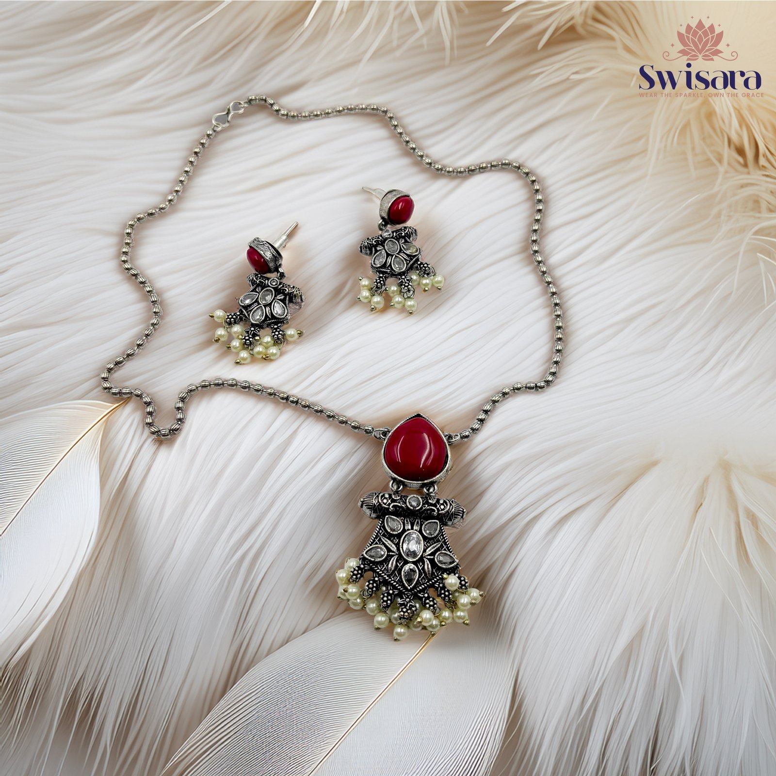 Scarlet Antique Bloom Necklace Set in oxidized silver with red teardrop stone and pearl danglers – Swisara