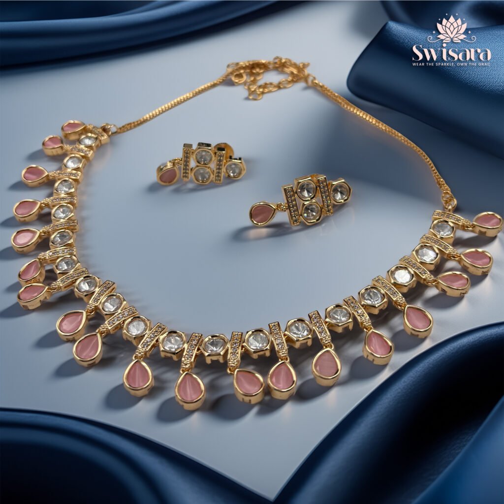 Pink Teardrop Necklace Set with kundan stones and pastel pink accents – Swisara