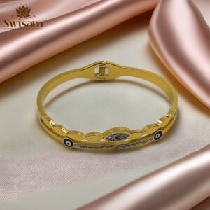 Evil Eye Luxe Anti-Tarnish Bangle with gold-tone finish, blue enamel, and white stones – Swisara