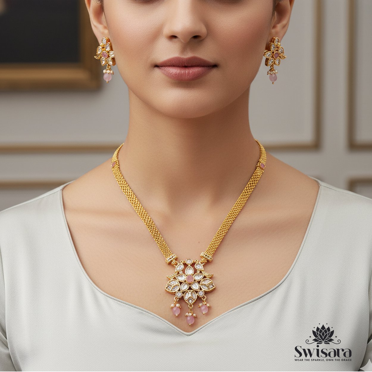 Pink Bloom Set gold-tone necklace with pink beads and Kundan stones – Swisara