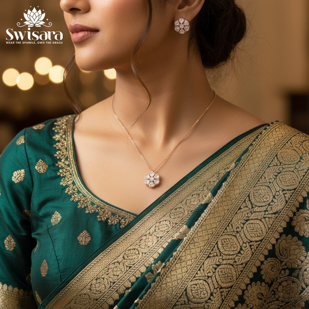 Floral Kundan Pendant Set with kundan stones and golden accents – Swisara