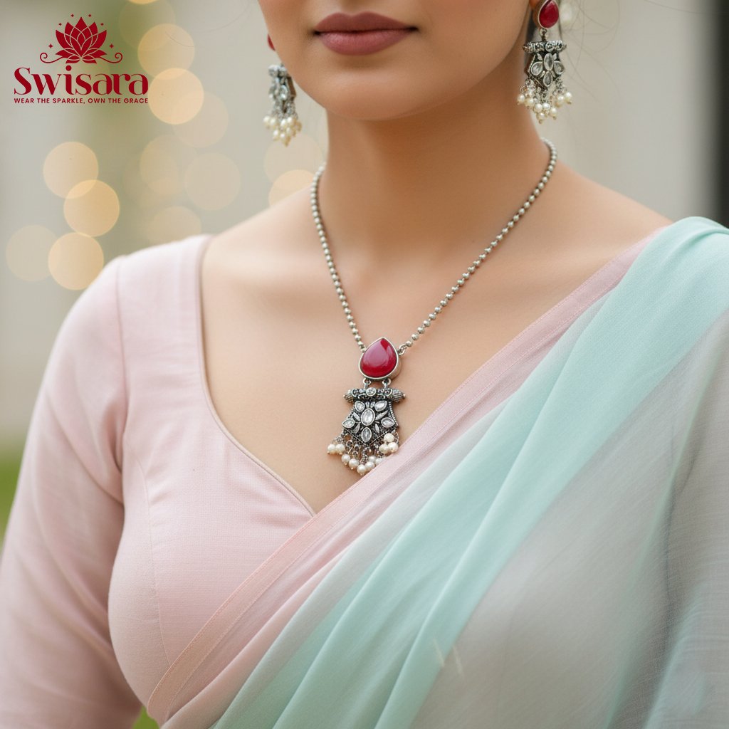 Scarlet Antique Bloom Necklace Set in oxidized silver with red teardrop stone and pearl danglers – Swisara