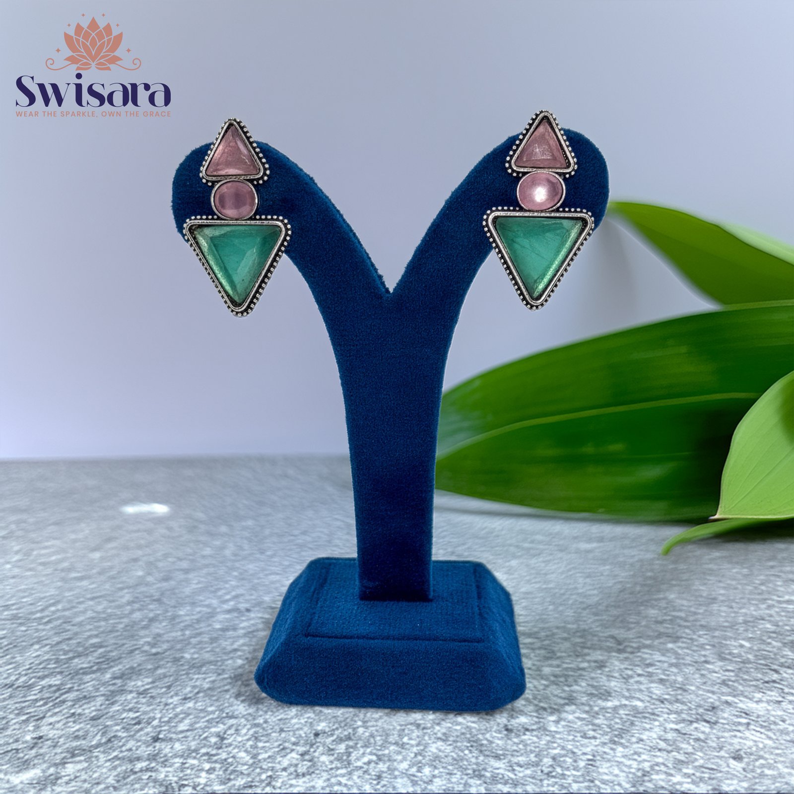 Swisara Aarvi Green Dual-Tone Stud Earrings – Brass Base with Silver Polish