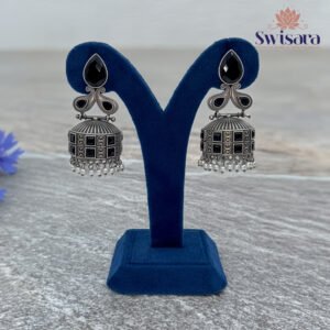 Swisara Noir Classic Dual-Tone Jhumka Earrings – Premium Brass Base with Silver Polish