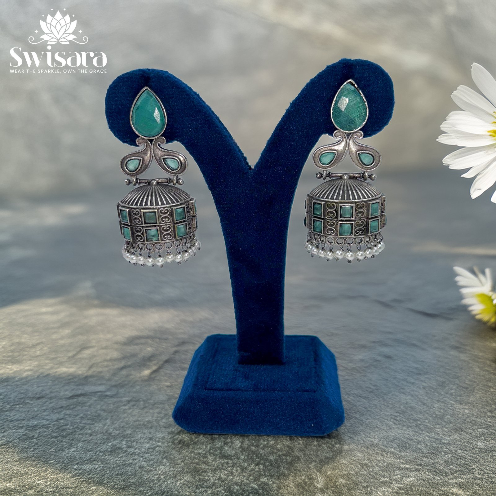 Swisara Aqua Bloom Dual-Tone Jhumka Earrings – Premium Brass Base with Silver Polish