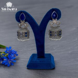 Swisara Sapphire Bloom Dual-Tone Jhumka Earrings – Premium Brass Base with Silver Polish