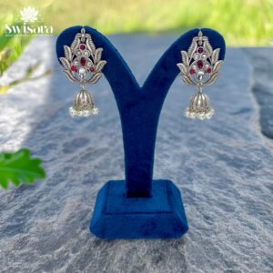 Swisara Oxidised Ruby Pearl Drop Earrings with ruby stones, pearl drops, and floral motifs
