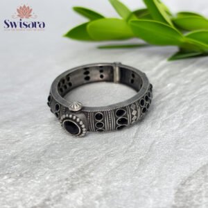 Oxidised Black Stone Kada – Antique Dual-Tone Adjustable Bangle by Swisara