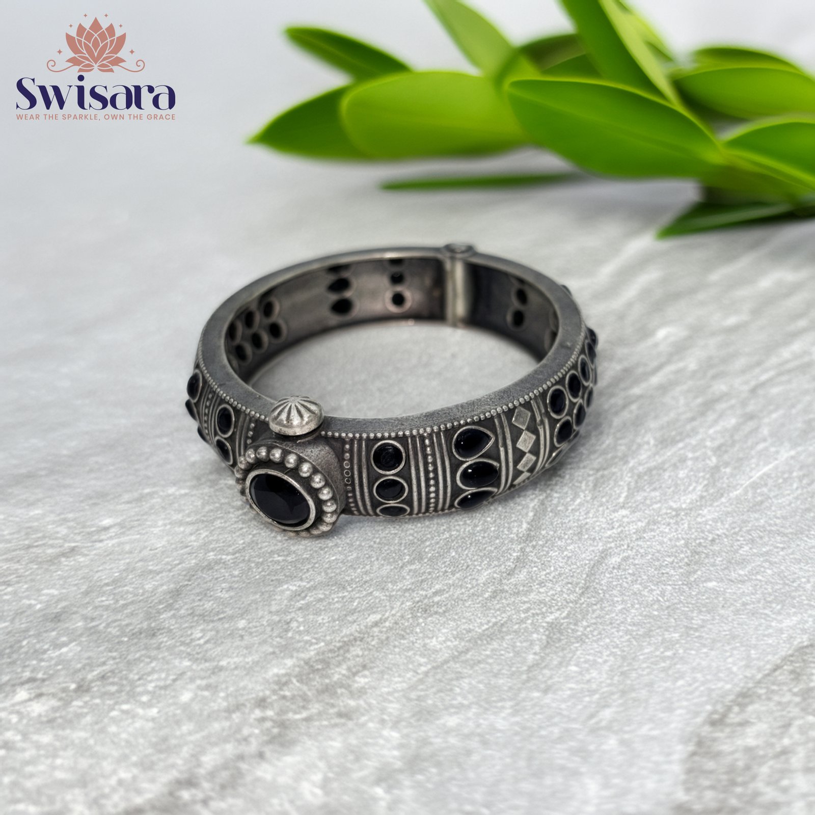 Oxidised Black Stone Kada – Antique Dual-Tone Adjustable Bangle by Swisara