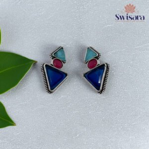 Swisara Aarvi Blue Dual-Tone Stud Earrings – Premium Brass with Silver Polish