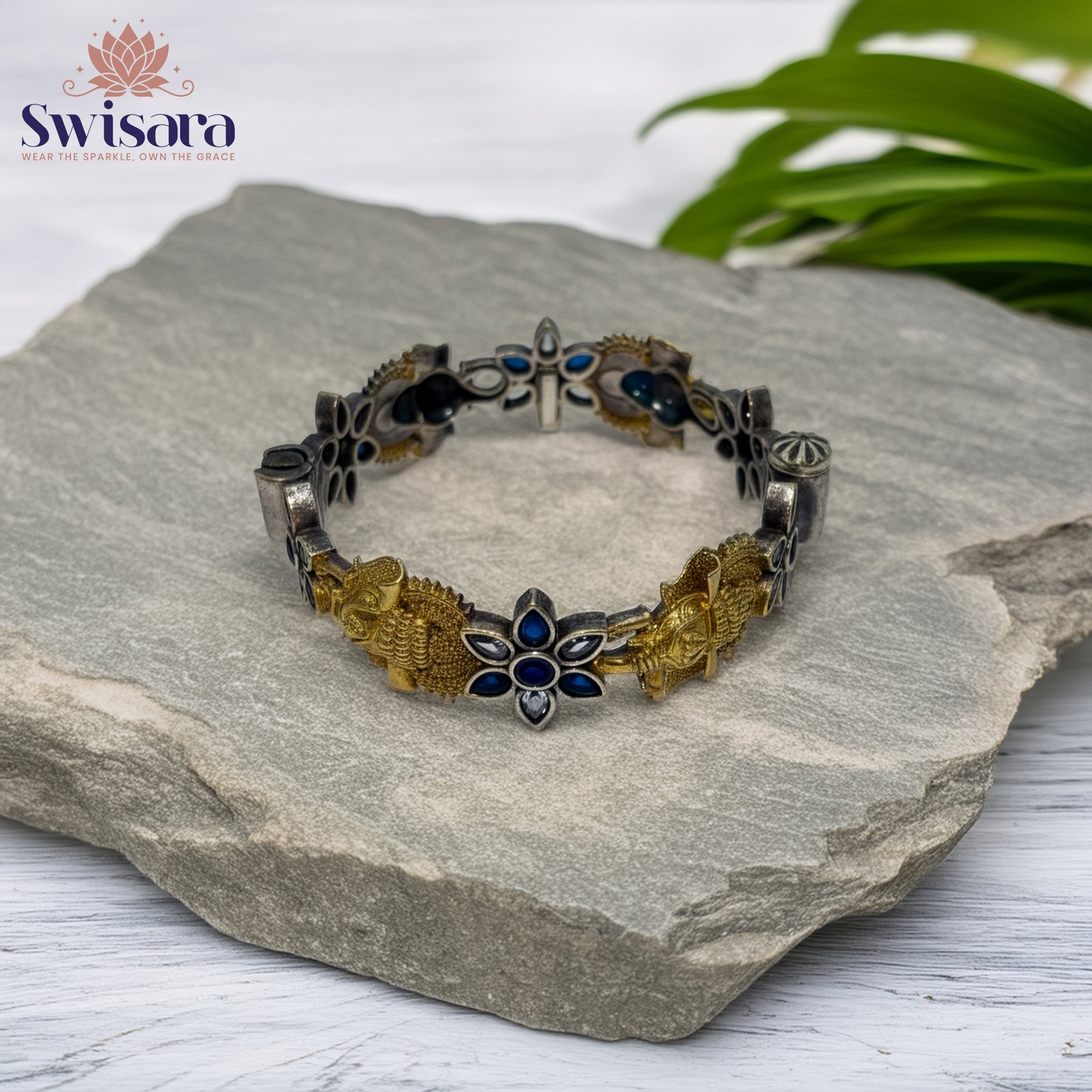 Swisara Antique Peacock Blue Floral Kada – Brass Base with Silver Polish