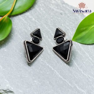 Swisara Aarvi Black Dual-Tone Stud Earrings – Brass Base with Silver Polish