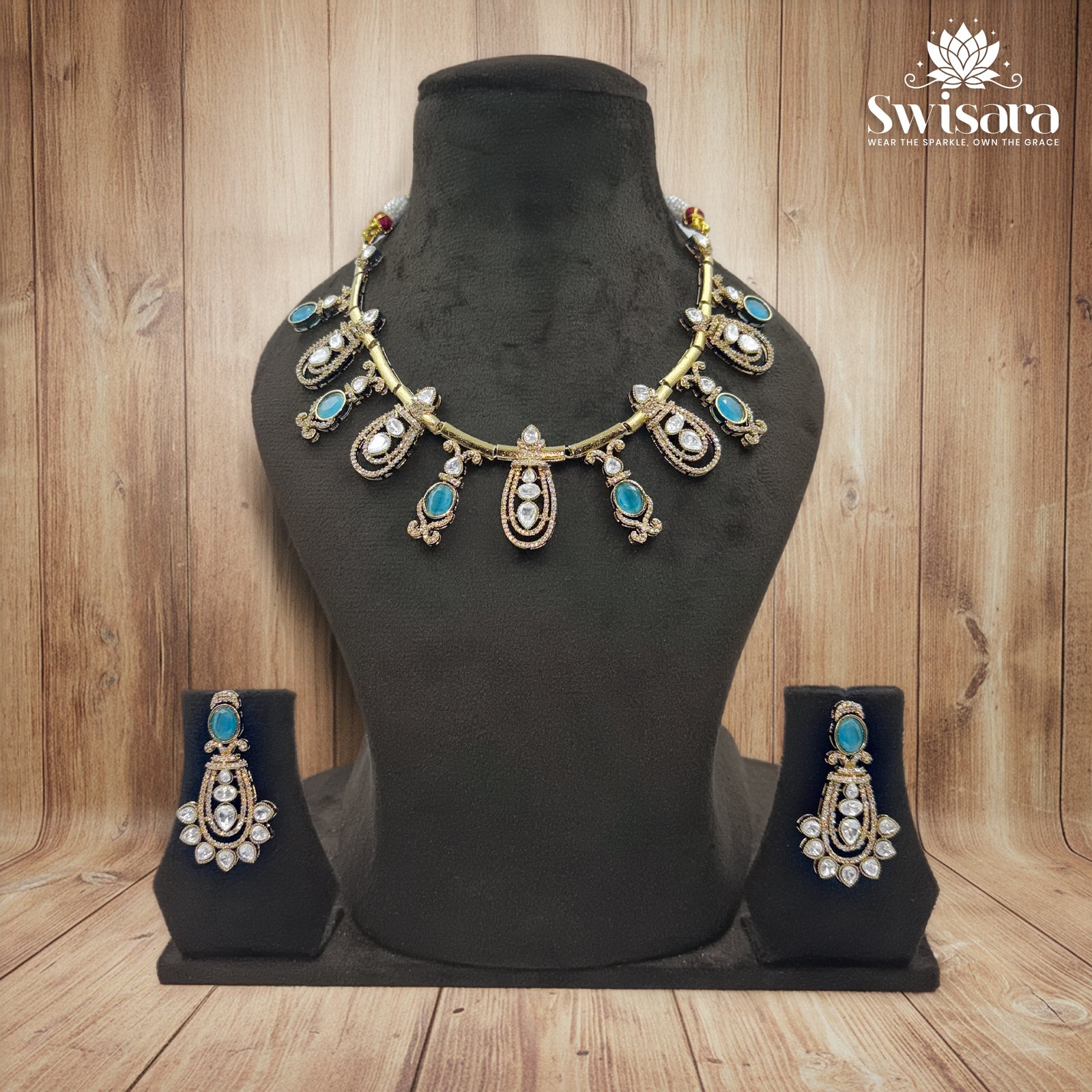 Swisara Antique Mandala Royal Blue Kundan Necklace and Earrings Set with royal-blue mandala-style kundan stones