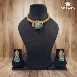 Antique Green Royal Kundan Choker Necklace and Earrings Set with bold green kundan stone and intricate floral accents