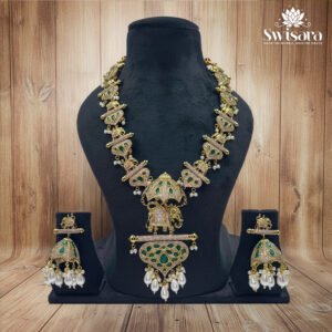 Antique Green Temple Elephant Kundan Necklace and Earrings Set with green kundan stones and pearl drops