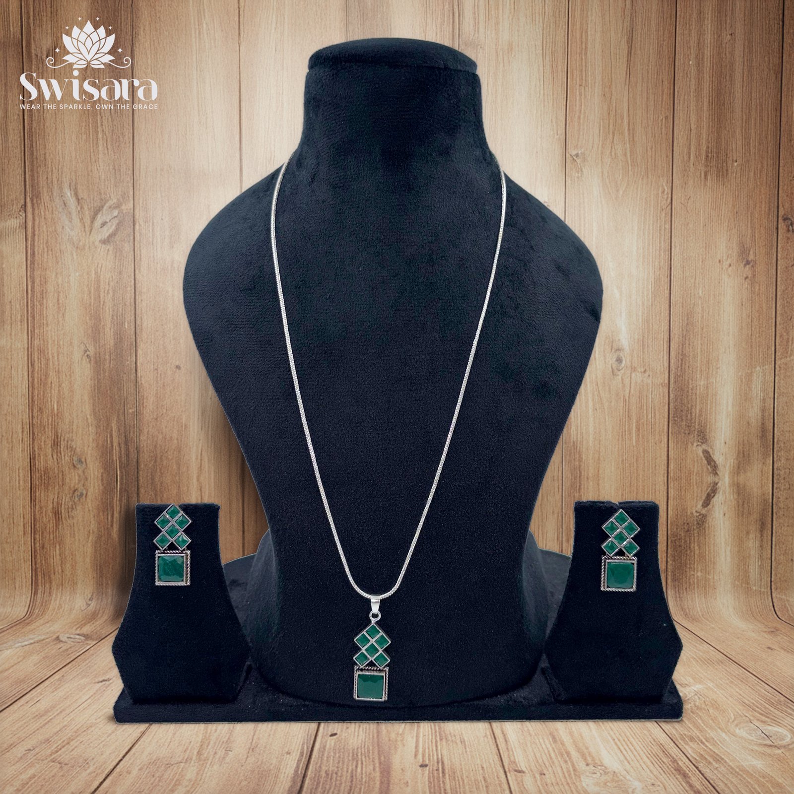 Antique Emerald Square Pendant Necklace and Earrings Set with emerald-green geometric square pendant