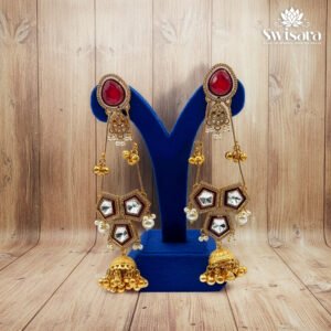 Antique Red Kundan Jhumka Earrings with pearl embellishments and traditional jhumka drops