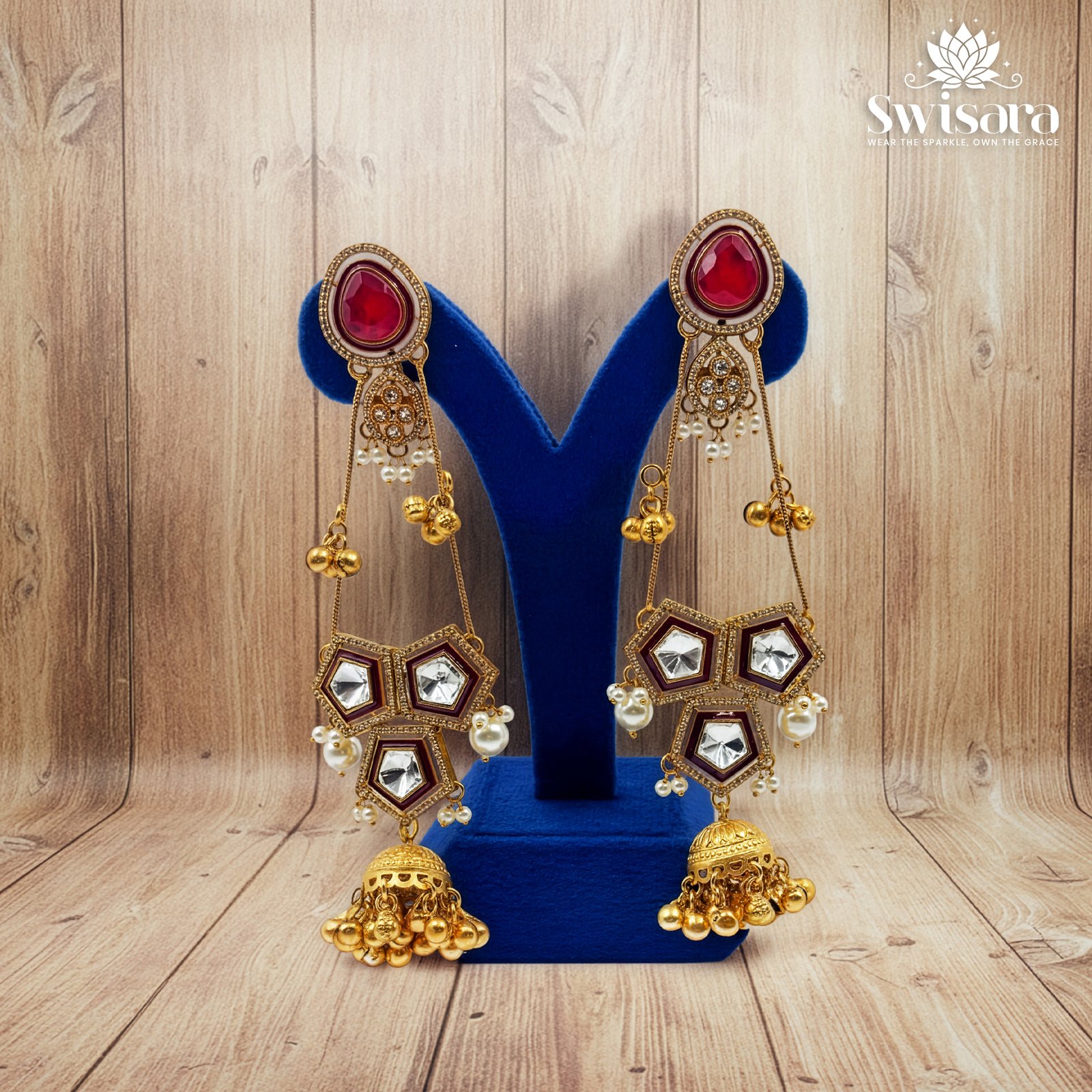 Antique Red Kundan Jhumka Earrings with pearl embellishments and traditional jhumka drops