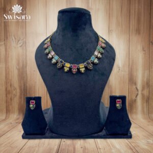 Antique Multicolour Square Motif Kundan Necklace and Earrings Set with colourful kundan stones in red, turquoise, yellow and purple