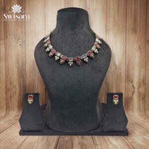 Antique Ruby Square Motif Kundan Necklace and Earrings Set with ruby-red and white kundan stones