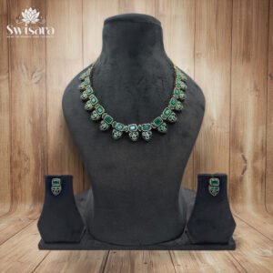 Antique Emerald Square Motif Kundan Necklace and Earrings Set with emerald-green kundan stones on brass base