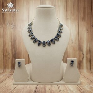 Blue Square Kundan Necklace and Earrings Set with oxidised silver polish on brass base