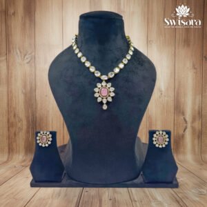 Antique Floral Pink Kundan Necklace and Earrings Set with floral-style pink kundan stones