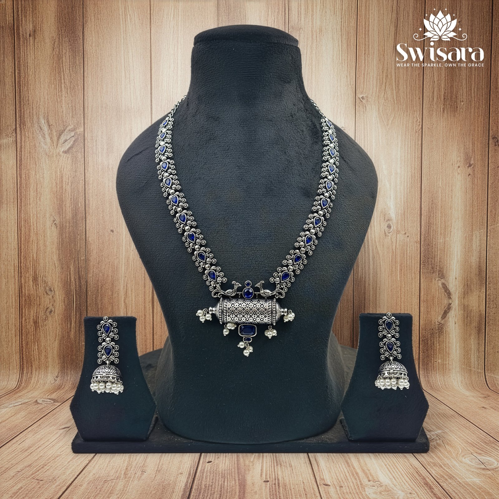 Oxidised Blue Barrel Necklace Set with silver polish and blue stones