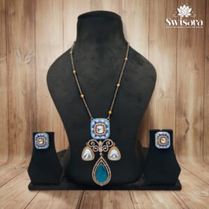 Antique Blue Mosaic Kundan Necklace and Earrings Set with blue mosaic-style kundan stones