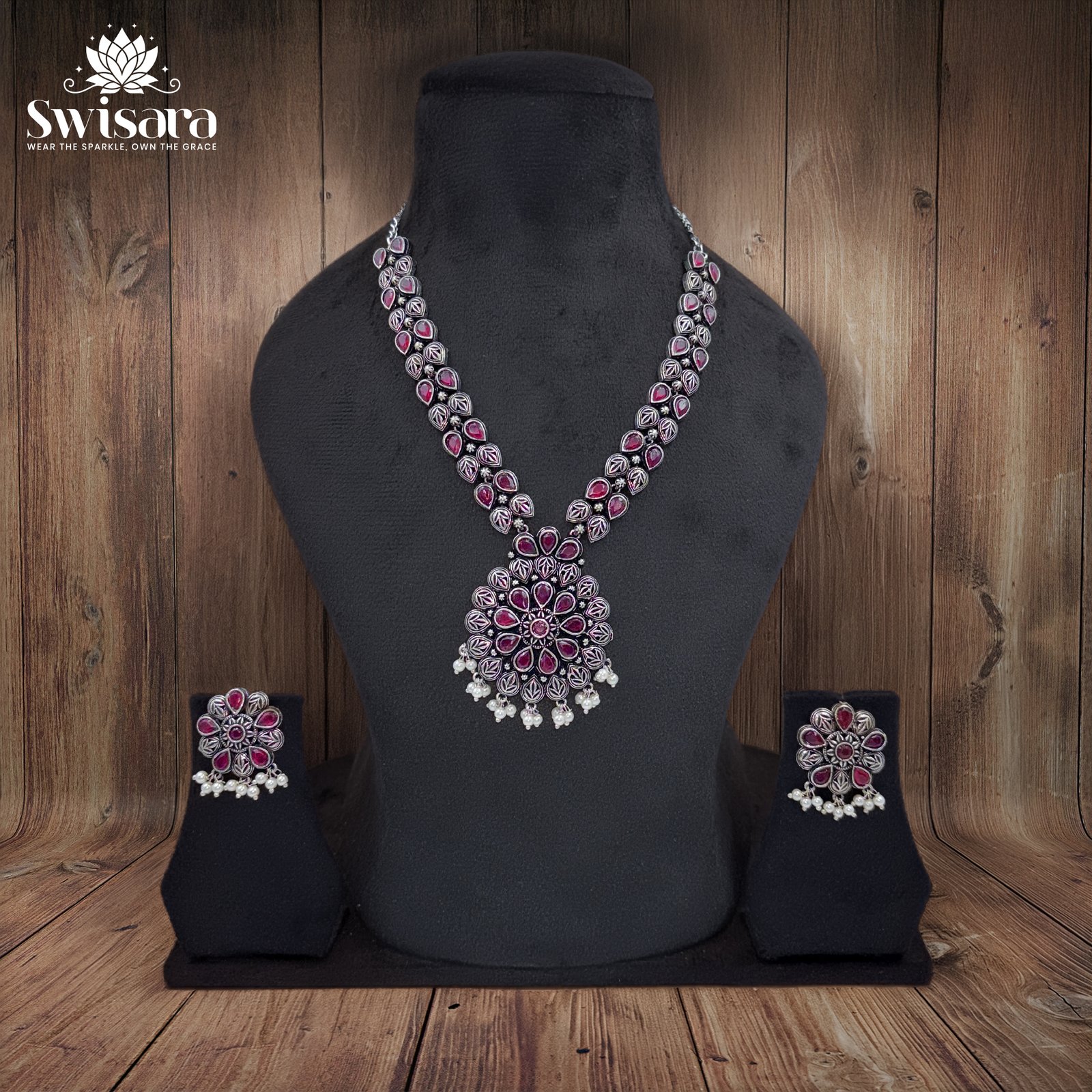 Swisara Antique Mandala Ruby Kundan Necklace Earrings Set with ruby kundan stones