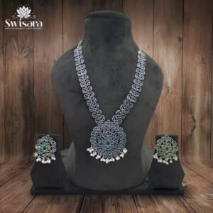 Antique Green Peacock Mandala Kundan Necklace and Earrings Set with mandala-style green kundan stones and pearl drops