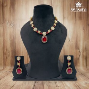 Antique Red Floral Kundan Necklace and Earrings Set with red floral-style kundan stones