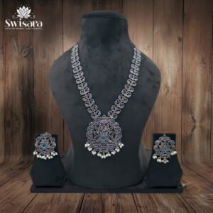 Antique Peacock Multitone Mandala Kundan Necklace and Earrings Set with peacock blue-green, maroon and clear kundan stones and pearl drops