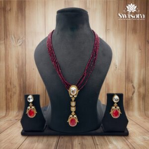 Antique Red Beaded Kundan Necklace and Earrings Set with red beaded strands and kundan-studded pendant