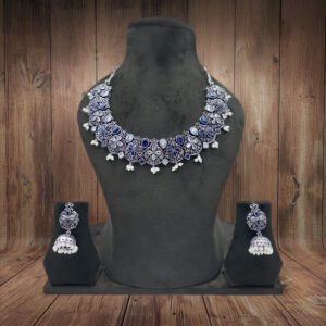 Antique Blue Floral Kundan Choker Necklace and Earrings Set with floral motifs, blue kundan stones and pearl drops