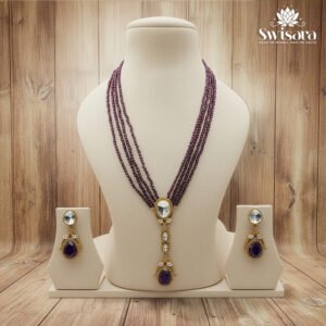 Antique Purple Beaded Kundan Necklace and Earrings Set with purple beaded strands and kundan-studded pendant