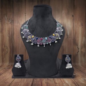 Antique Multicolour Floral Kundan Choker Necklace and Earrings Set with multicolour floral kundan stones and pearl drops