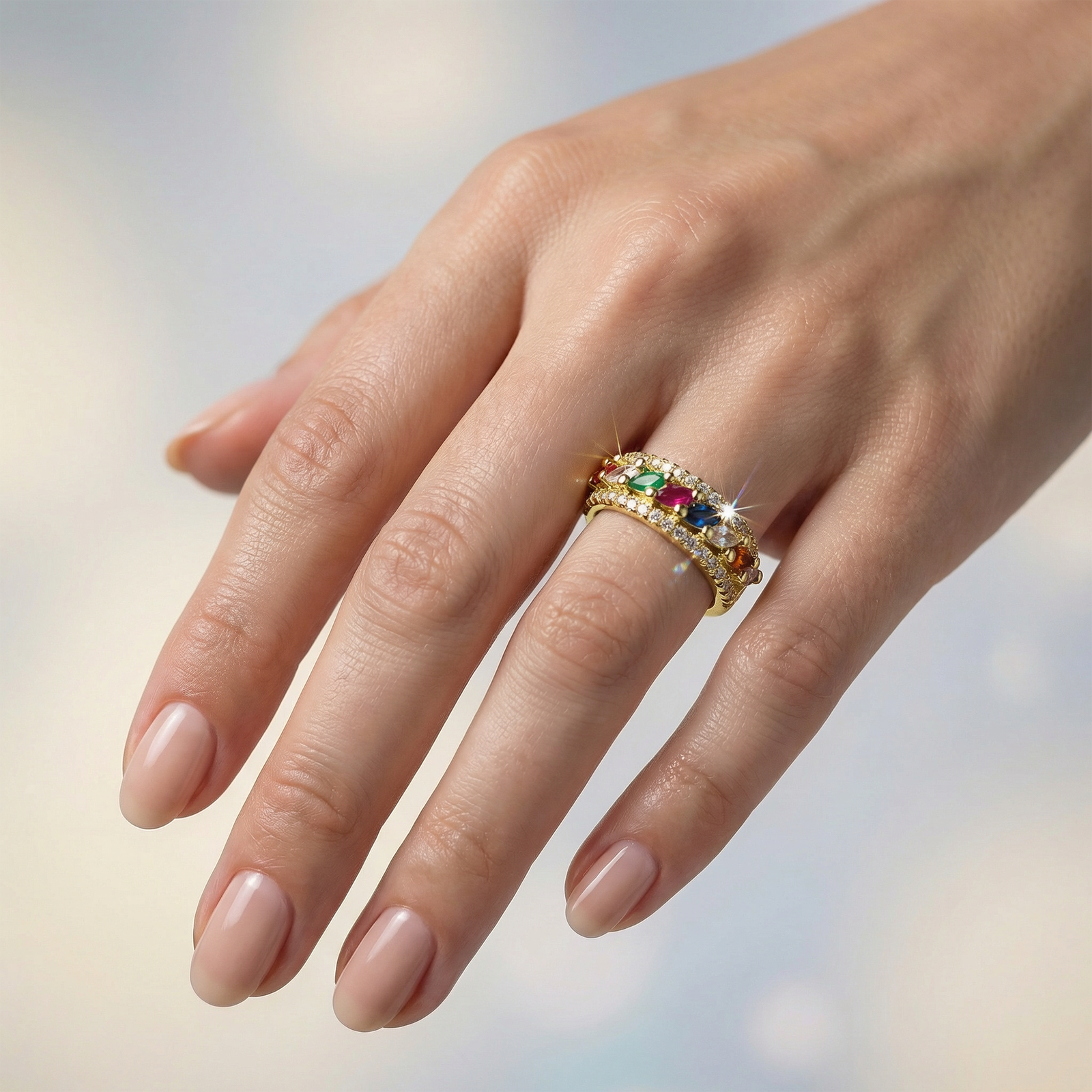 Gold Plated Multicolor Adjustable Ring displayed on soft background with colorful gemstone detailing