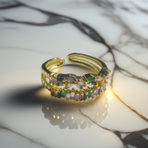 Gold plated multicolor baguette stone adjustable ring for women by Swisara